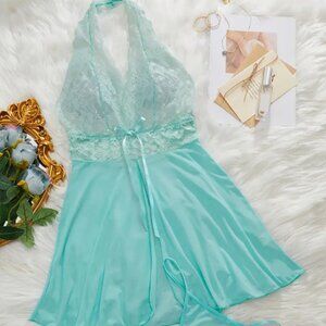 XL - Contrast Lace Lingerie Set, Halter Backless Mesh Dress & Thong